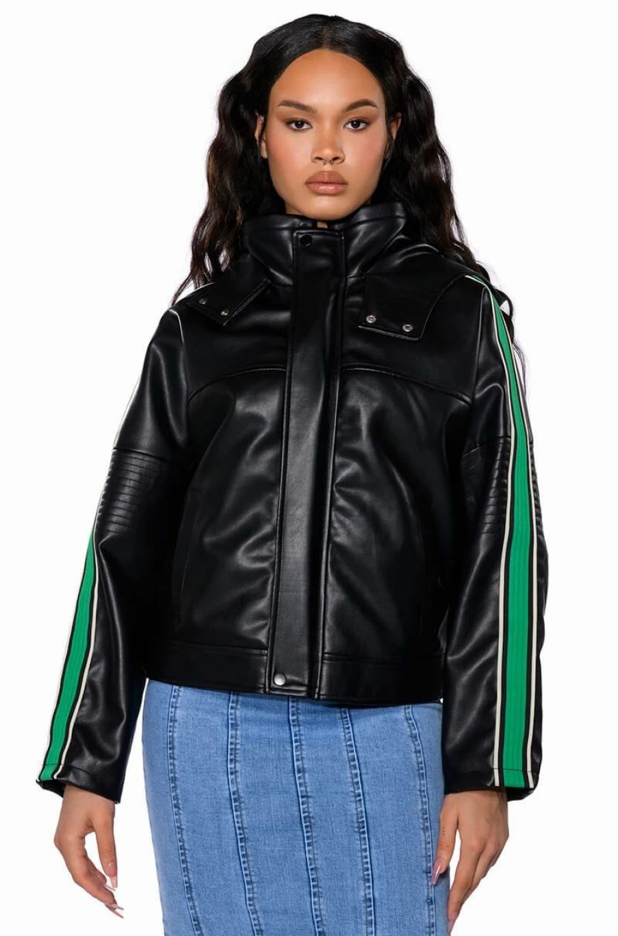 Moto Jackets * | On Your Marks Faux Leather Hooded Jacket Black