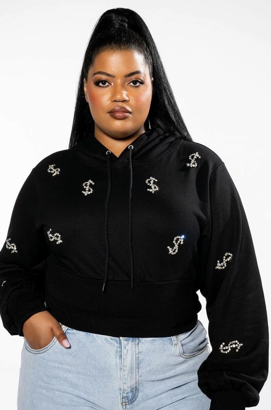 Long Sleeve Tops * | Plus Dollars On My Mind Rhinestone Sweatshirt Black