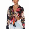 Long Sleeve Tops * | Malibu Scarf Print Tie Front Blouse Blue Multi