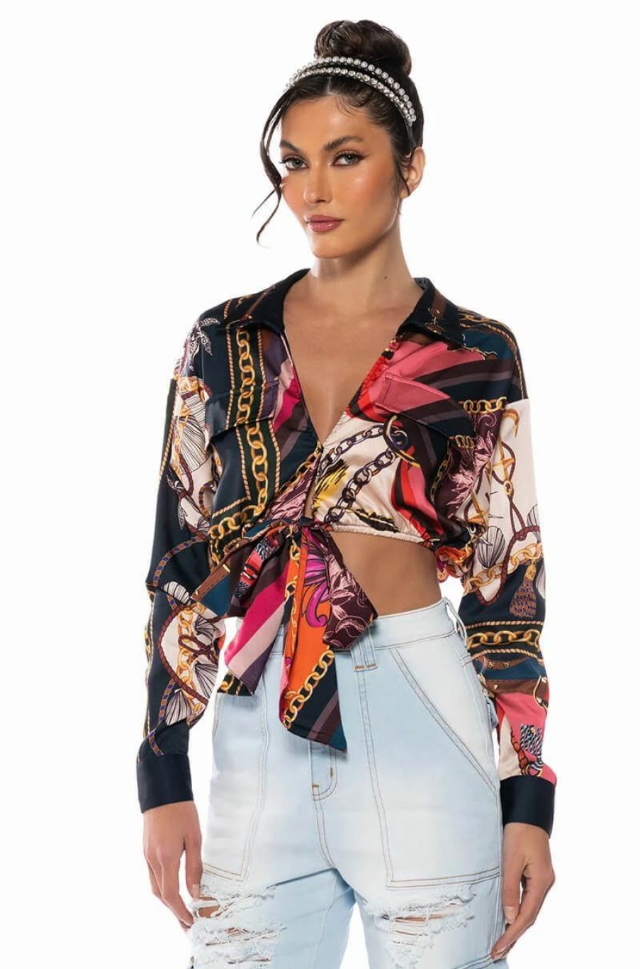 Long Sleeve Tops * | Malibu Scarf Print Tie Front Blouse Blue Multi