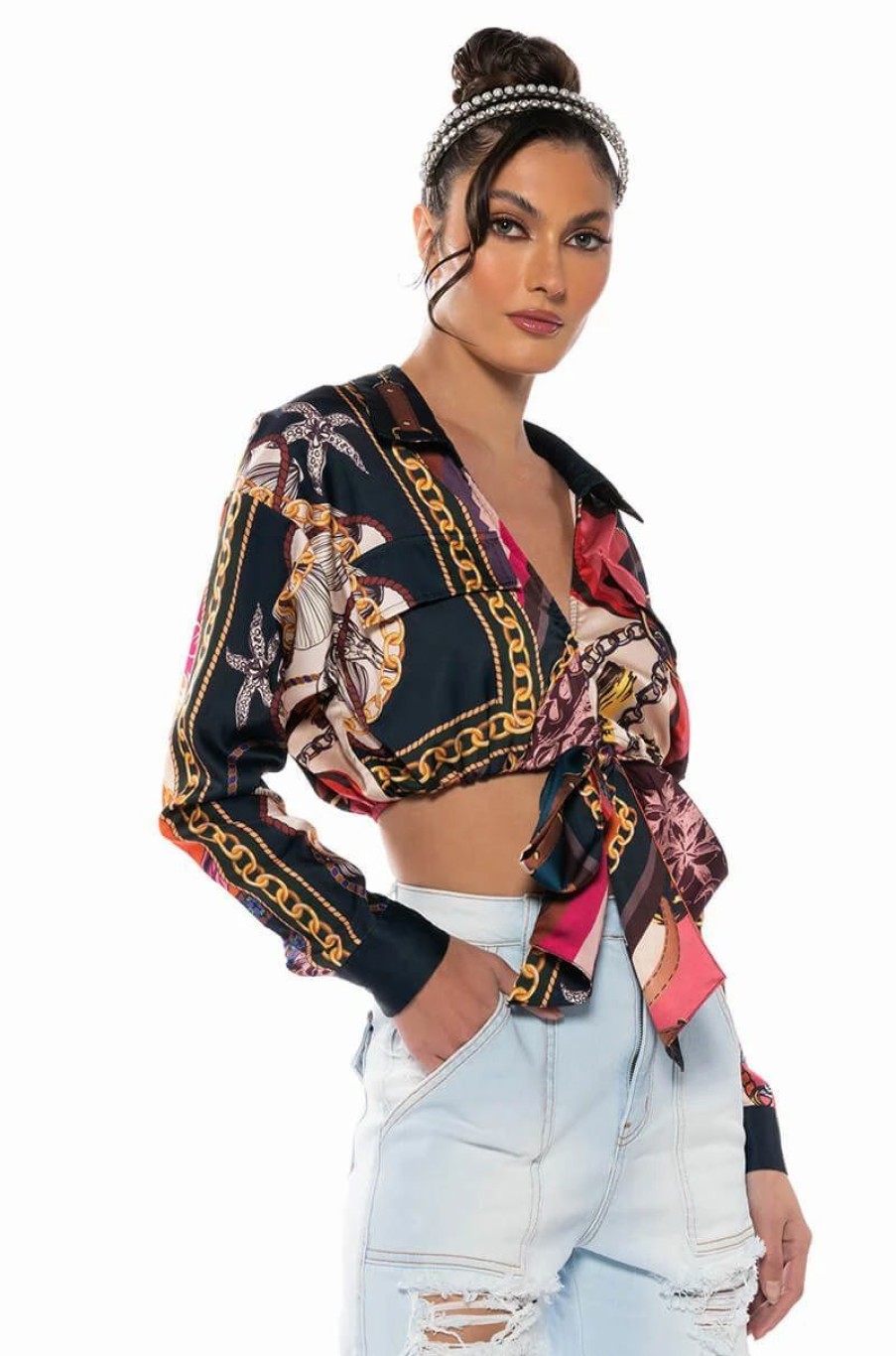 Long Sleeve Tops * | Malibu Scarf Print Tie Front Blouse Blue Multi