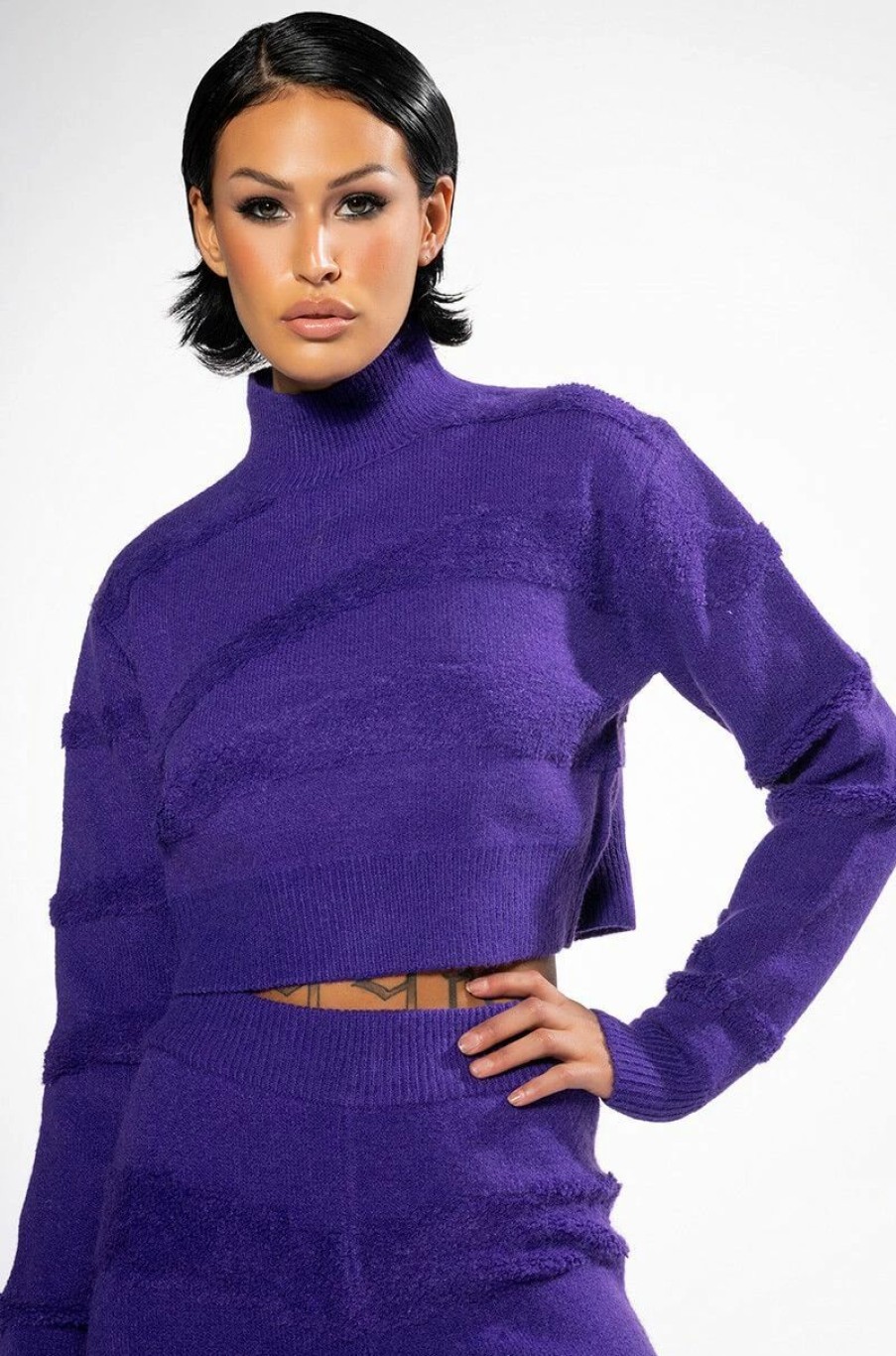 Long Sleeve Tops * | Cheyenne Cropped Mock Neck Sweater Purple