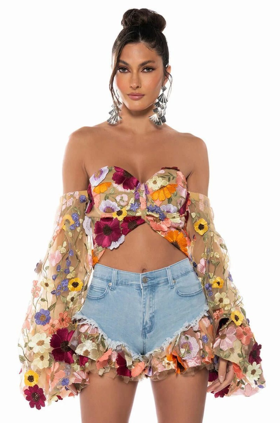 Two Piece Sets * | Botanical Beauty Cropped Sheer Sleeve Top Nude