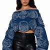 Hoodies And Sweatshirts * | Bouquet Wishes Denim Off The Shoulder Sweatshirt Medium Blue Denim