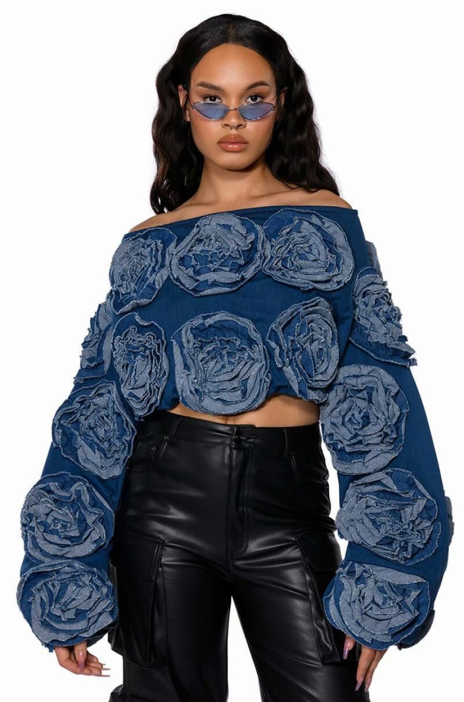 Hoodies And Sweatshirts * | Bouquet Wishes Denim Off The Shoulder Sweatshirt Medium Blue Denim