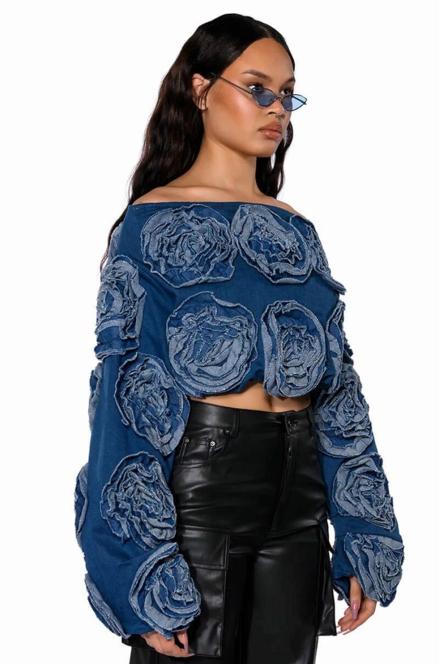 Hoodies And Sweatshirts * | Bouquet Wishes Denim Off The Shoulder Sweatshirt Medium Blue Denim