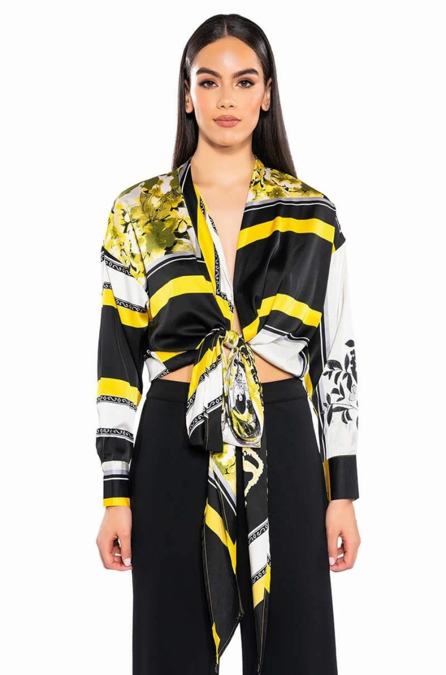 Long Sleeve Tops * | Colorful Tie Front Satin Blouse Yellow Multi