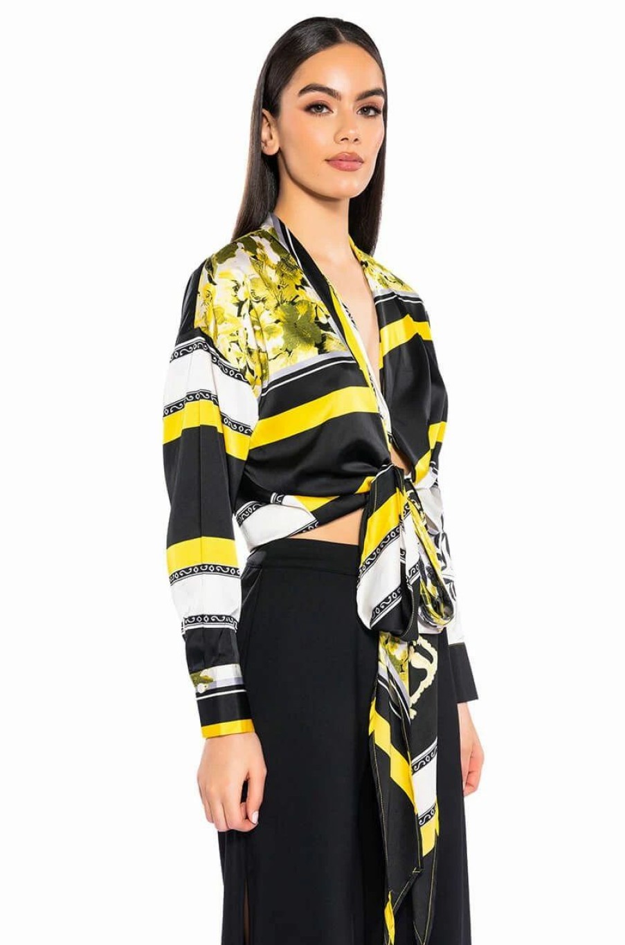 Long Sleeve Tops * | Colorful Tie Front Satin Blouse Yellow Multi