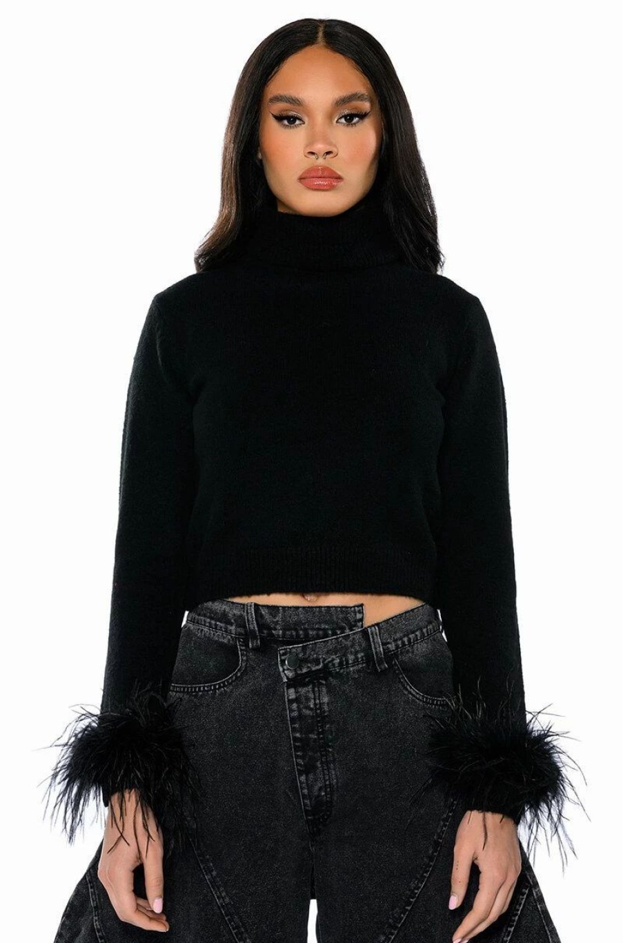 Long Sleeve Tops * | Fancy Huh Feather Cuff Mock Neck Sweater Black