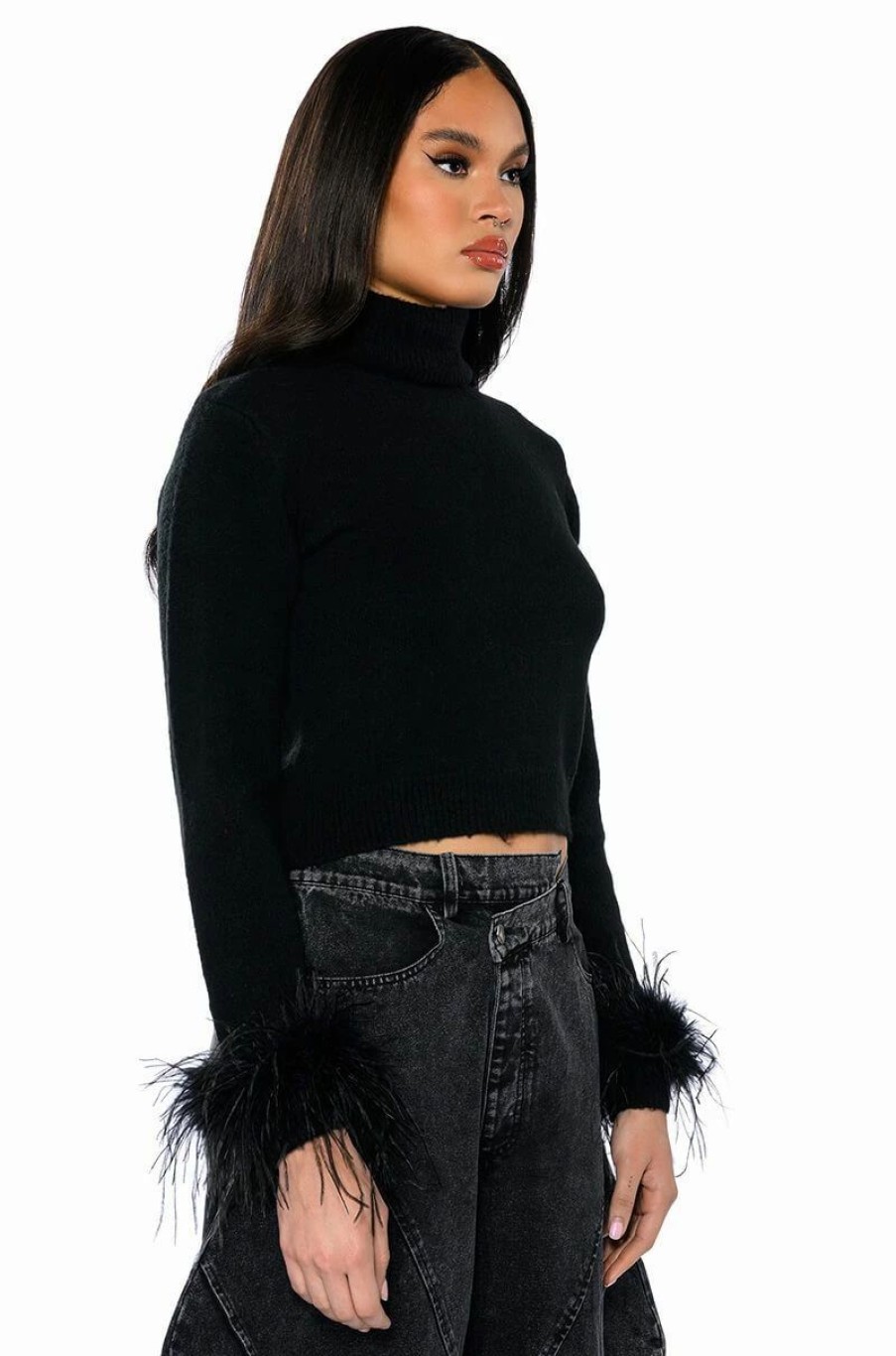 Long Sleeve Tops * | Fancy Huh Feather Cuff Mock Neck Sweater Black