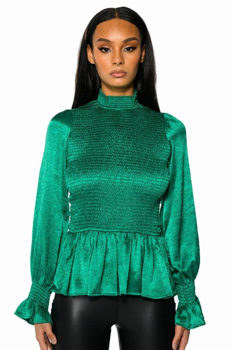 Long Sleeve Tops * | Naomie Satin Full Length Blouse Green