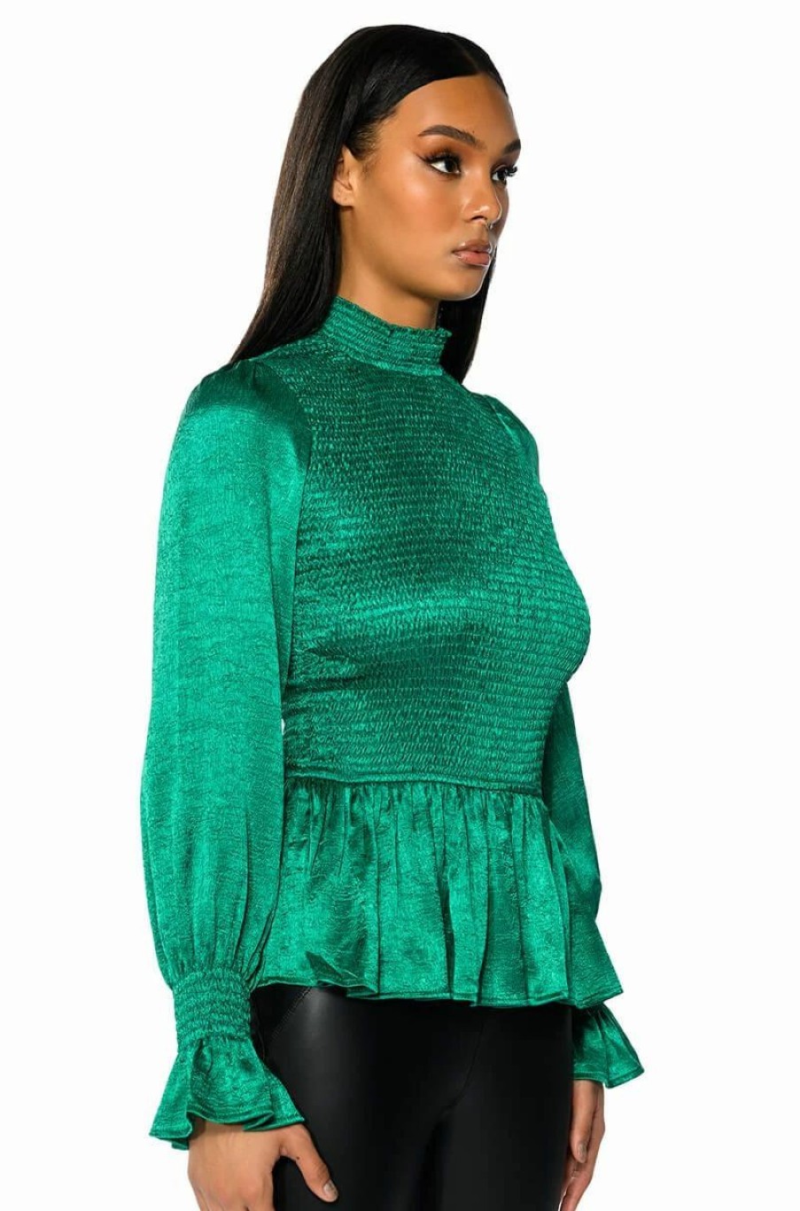 Long Sleeve Tops * | Naomie Satin Full Length Blouse Green