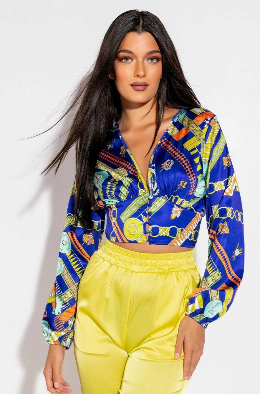 Long Sleeve Tops * | Brunch Queen Deep V Button Up Blouse Blue Multi