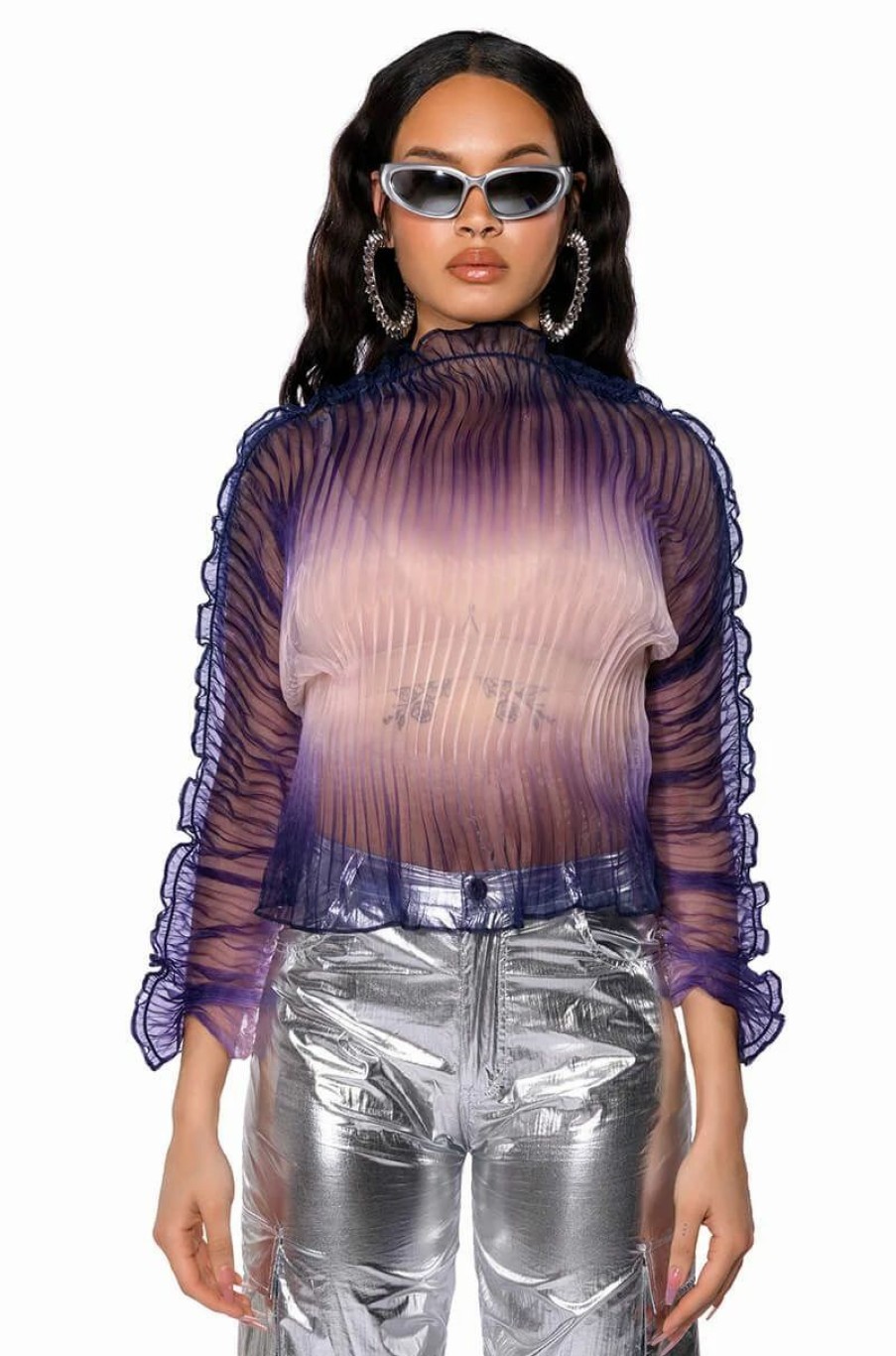 Long Sleeve Tops * | Maeve Pleated See Through Long Sleeve Top Blue Multi