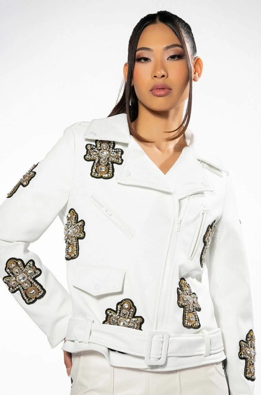 Moto Jackets * | Thank God For Me Rhinestone Embellished Pu Moto Jacket White Multi