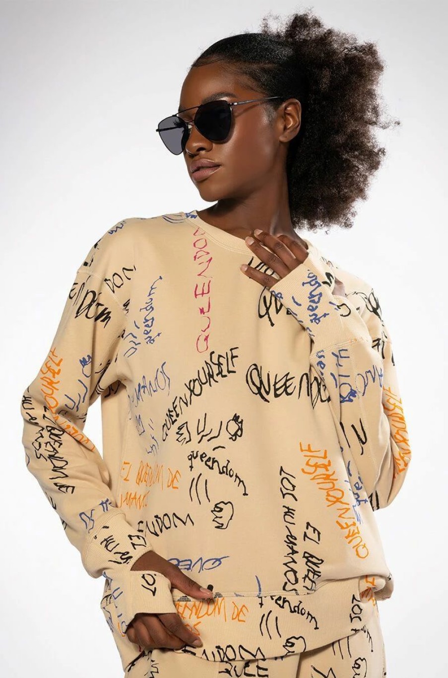 Long Sleeve Tops * | Royalty Drawing Crewneck Sweatshirt Beige