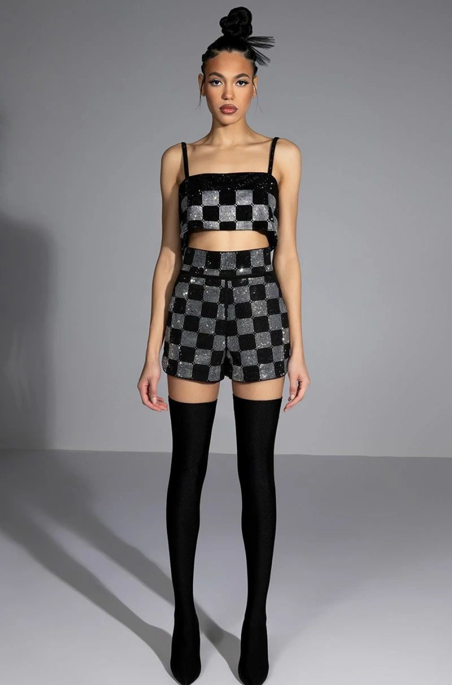 Two Piece Sets * | Pop Star Checkered Rhinestone Short Black White