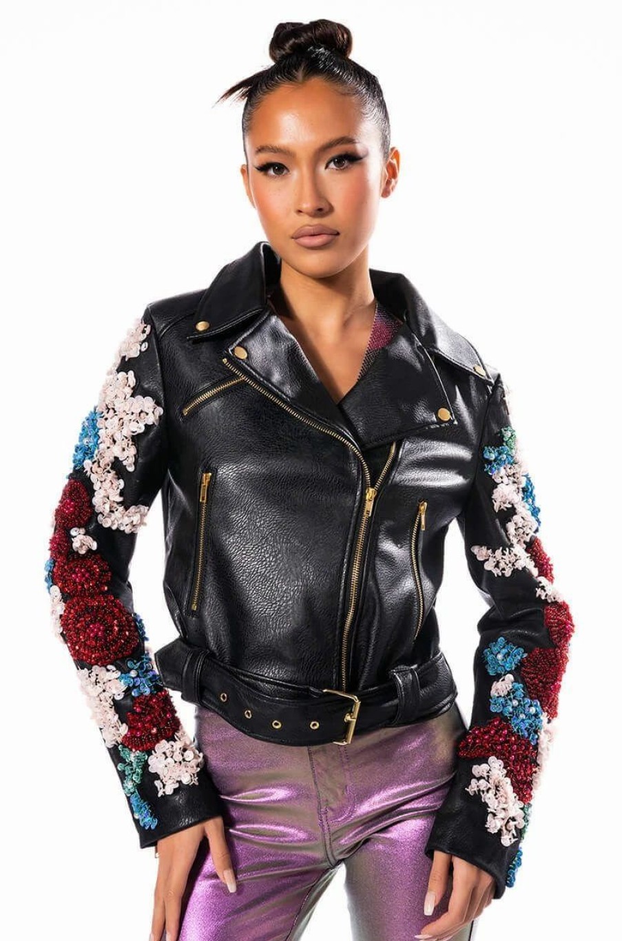 Moto Jackets * | Azalea Wang Every Rose Has A Thorn Moto Jacket Black Multi