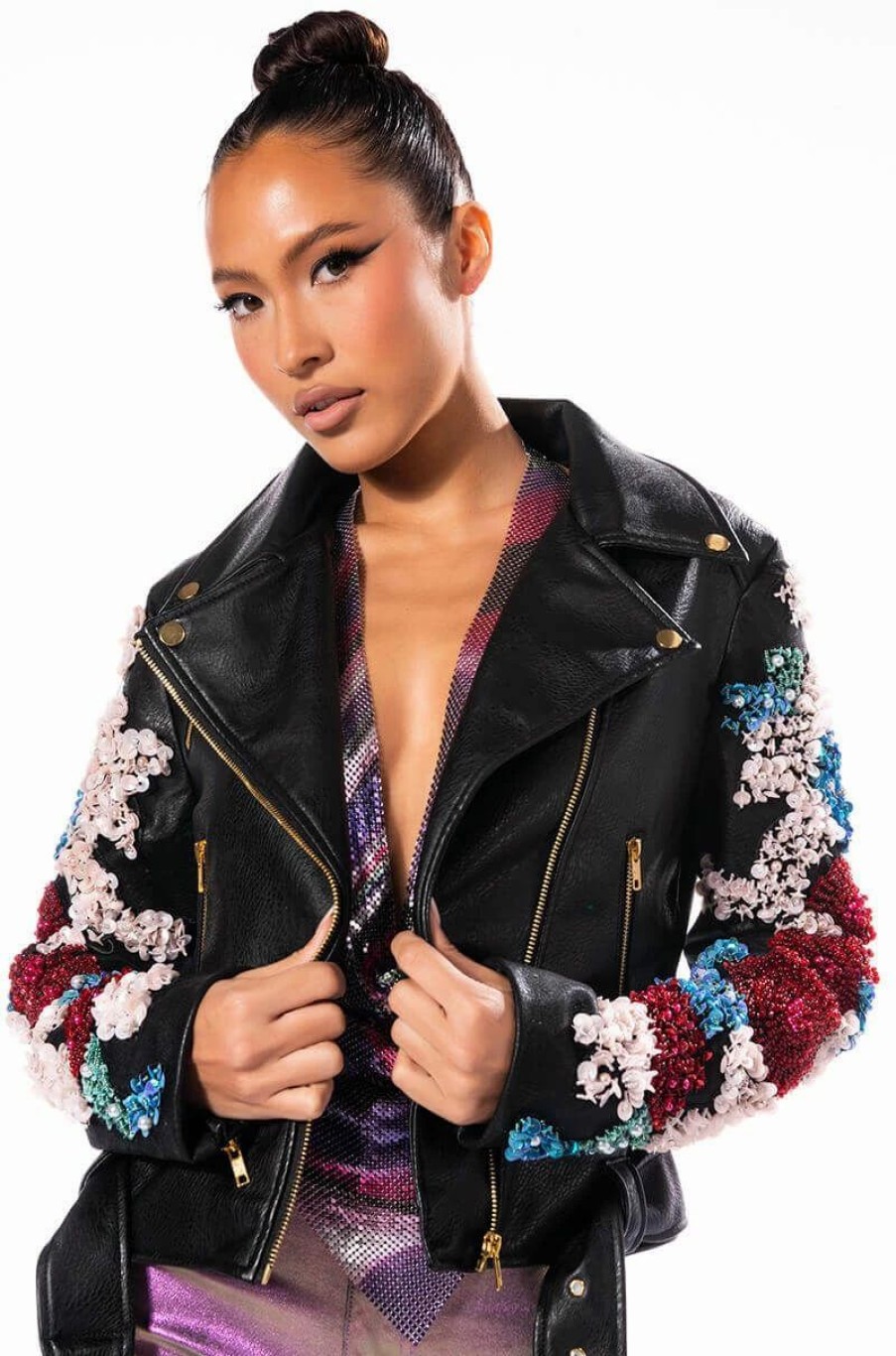 Moto Jackets * | Azalea Wang Every Rose Has A Thorn Moto Jacket Black Multi