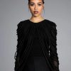 Long Sleeve Tops * | Wavy Baby Long Sleeve String Detail Mesh Top Black