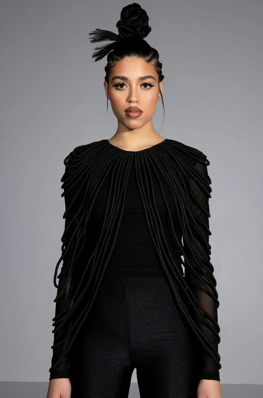 Long Sleeve Tops * | Wavy Baby Long Sleeve String Detail Mesh Top Black