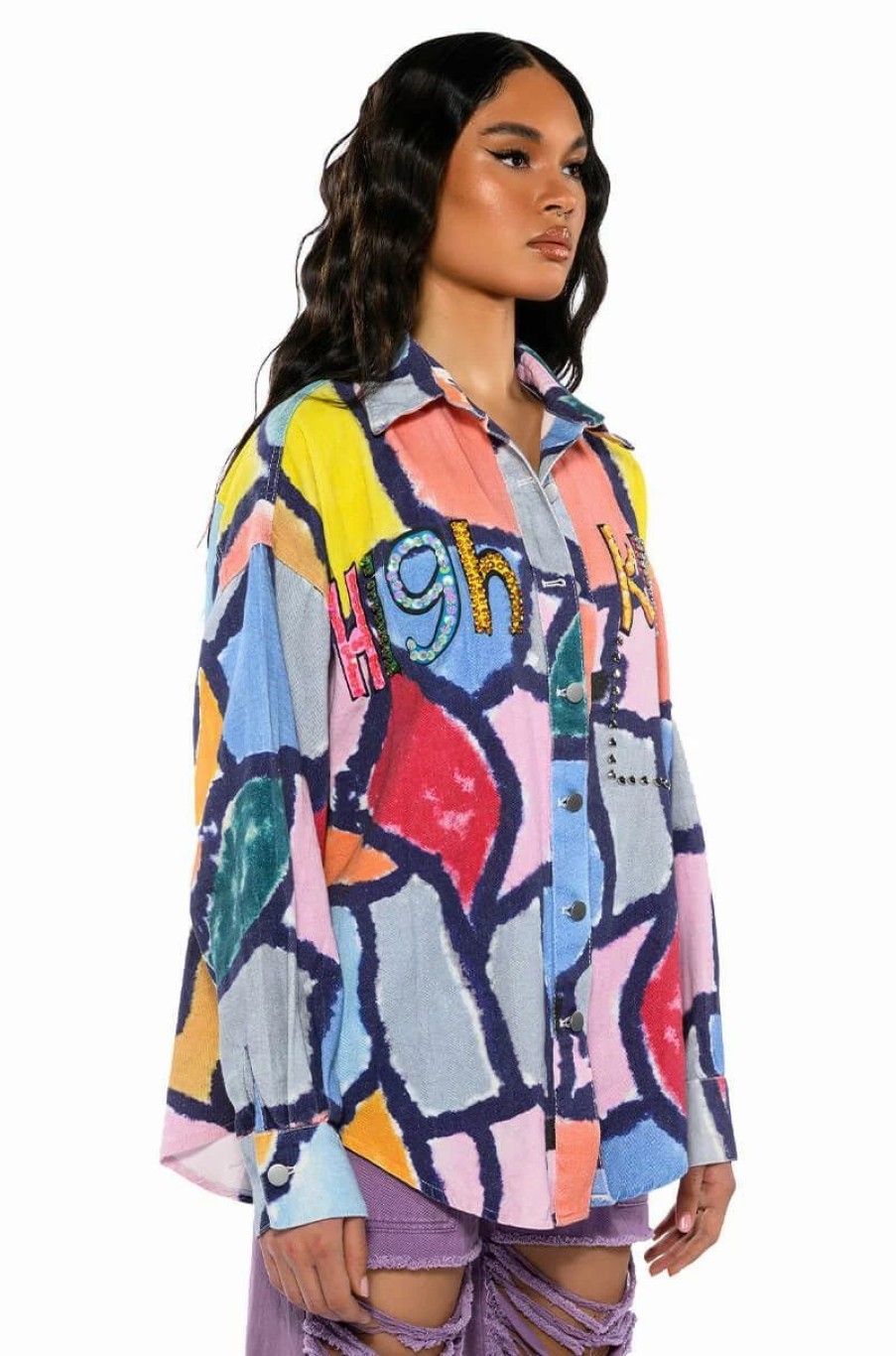 Long Sleeve Tops * | High Key Abstract Button Down Blouse Blue Multi