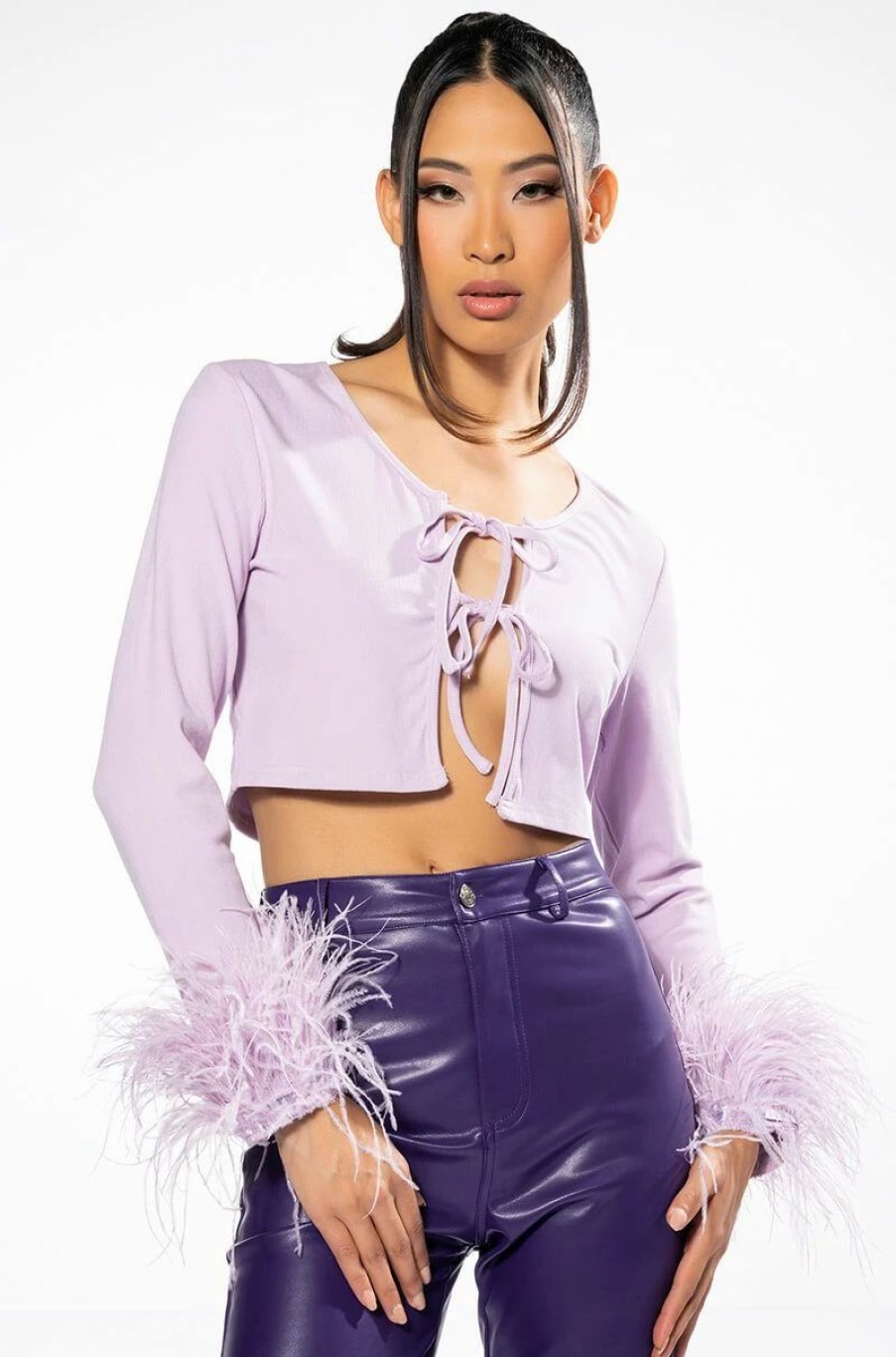 Long Sleeve Tops * | Diva Moment Tie Front Feather Cuff Long Sleeve Top Light Purple