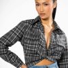 Long Sleeve Tops * | No Fronting Cropped Twist Front Plaid Top