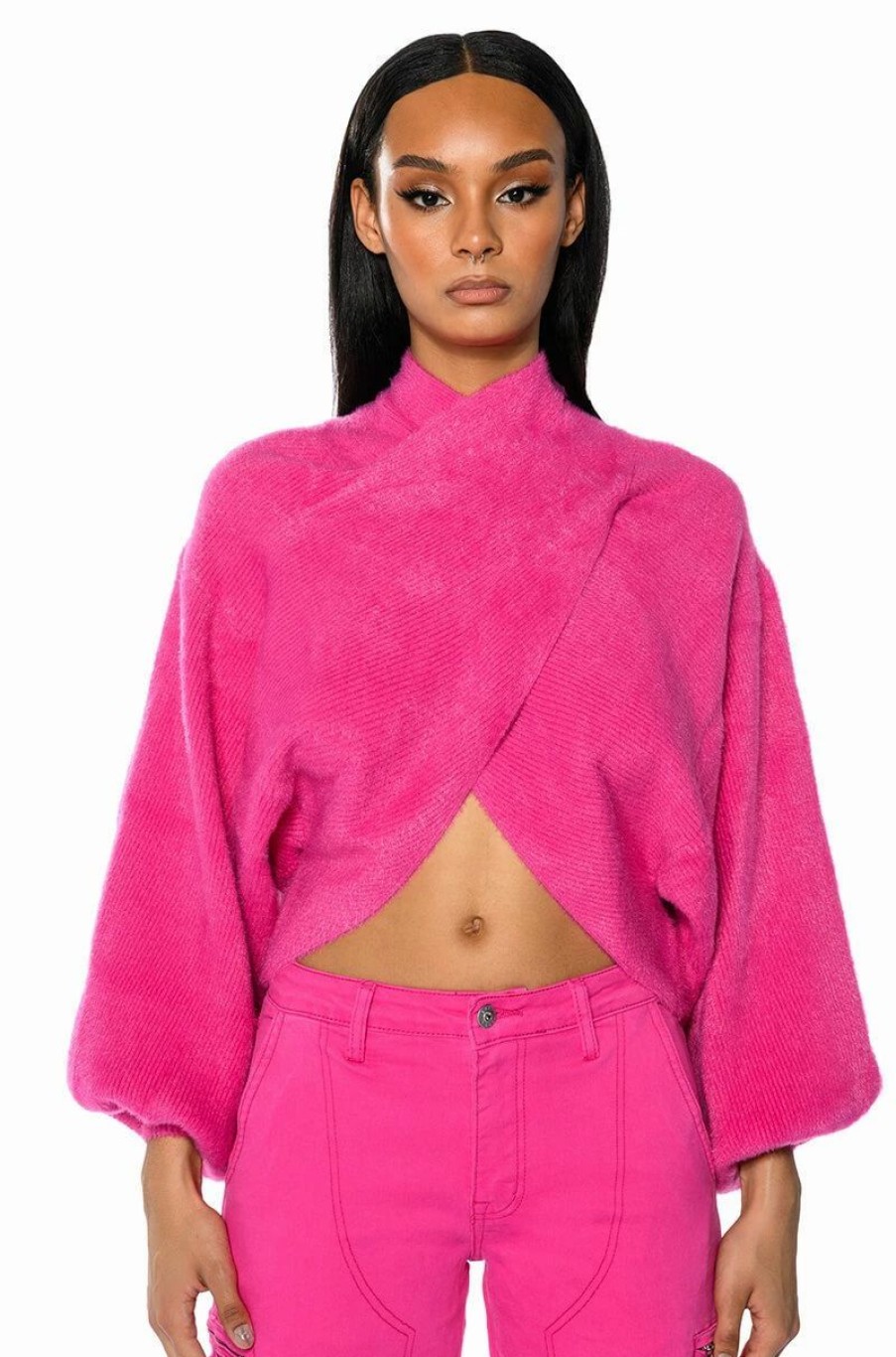 Long Sleeve Tops * | Honey Cross Front Fuzzy Sweater Fuchsia