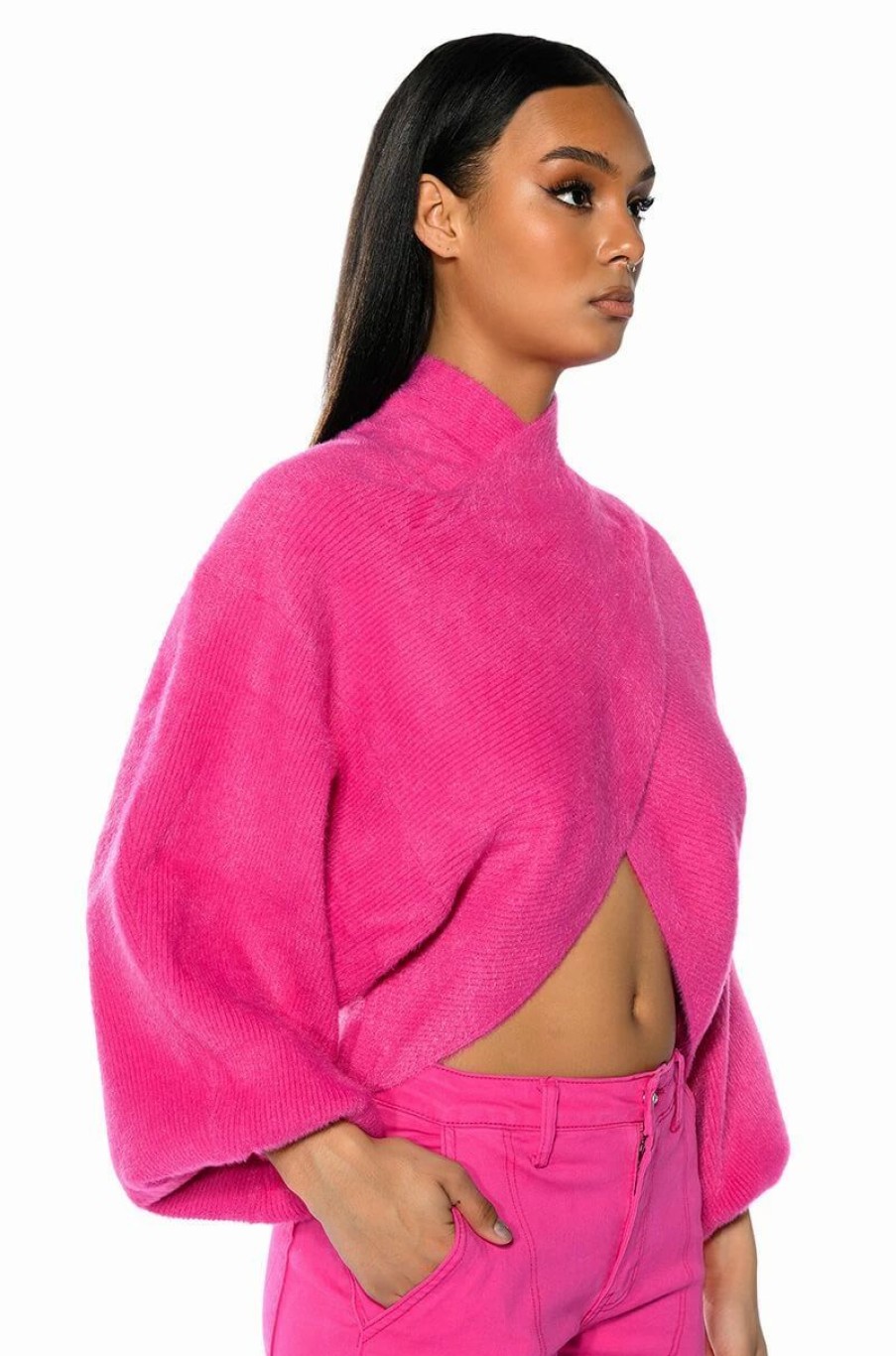 Long Sleeve Tops * | Honey Cross Front Fuzzy Sweater Fuchsia