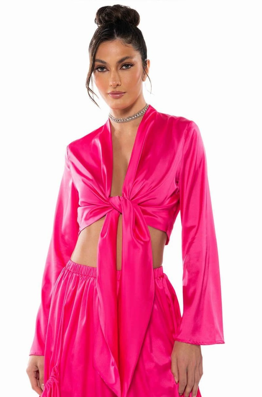 Long Sleeve Tops * | Saucy Vneck Wrap Top Pink