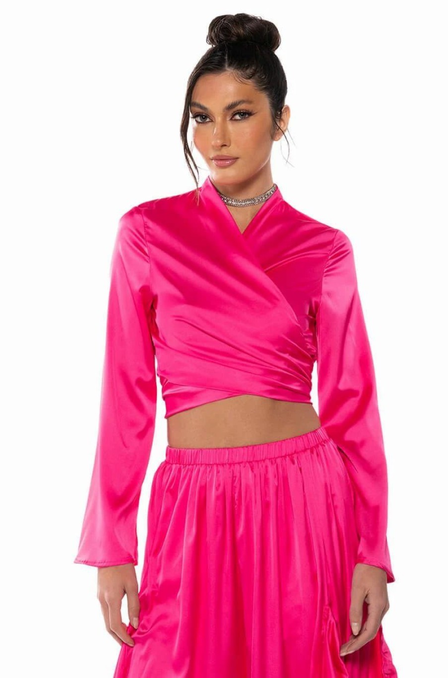 Long Sleeve Tops * | Saucy Vneck Wrap Top Pink