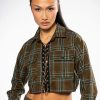 Long Sleeve Tops * | Plaid Romance Chain Lace Up Cropped Blouse Green Multi