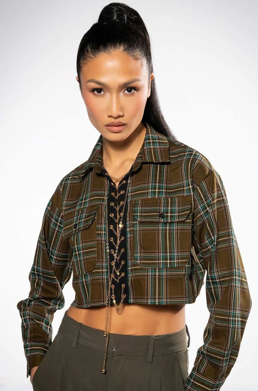 Long Sleeve Tops * | Plaid Romance Chain Lace Up Cropped Blouse Green Multi