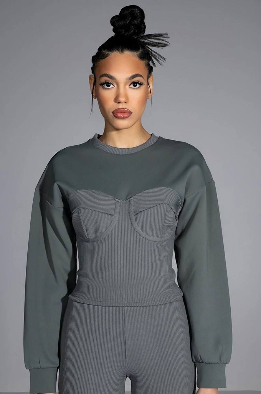 Hoodies And Sweatshirts * | Tatum Structured Fit Crewneck Corset Sweatshirt Charcoal Grey