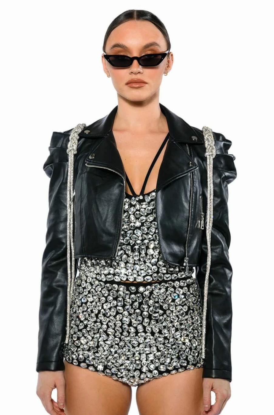 Moto Jackets * | Meneli Moto With Rhinestone Braid Black