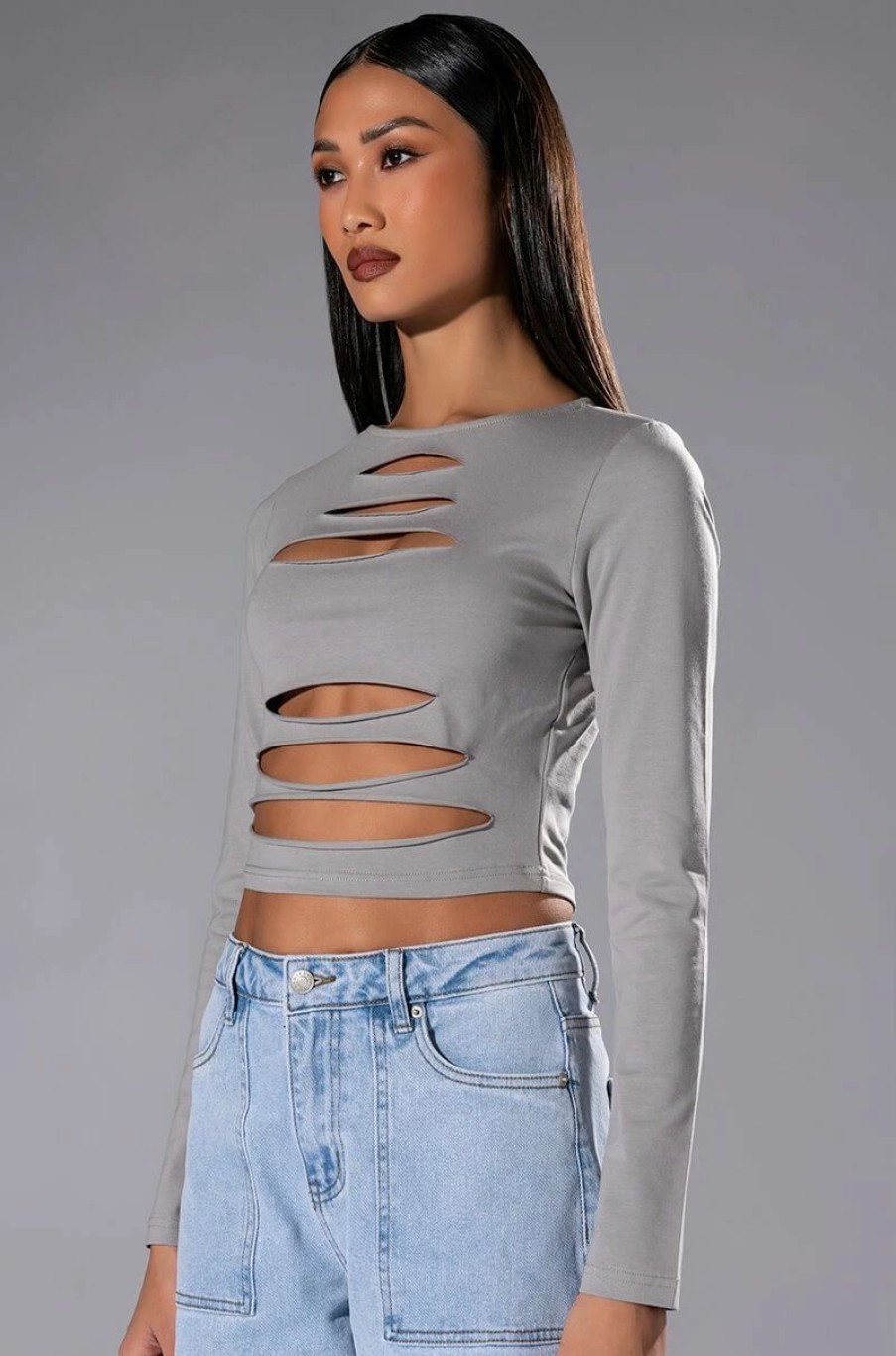 Long Sleeve Tops * | Alani Cut Out Long Sleeve Crop Top Grey