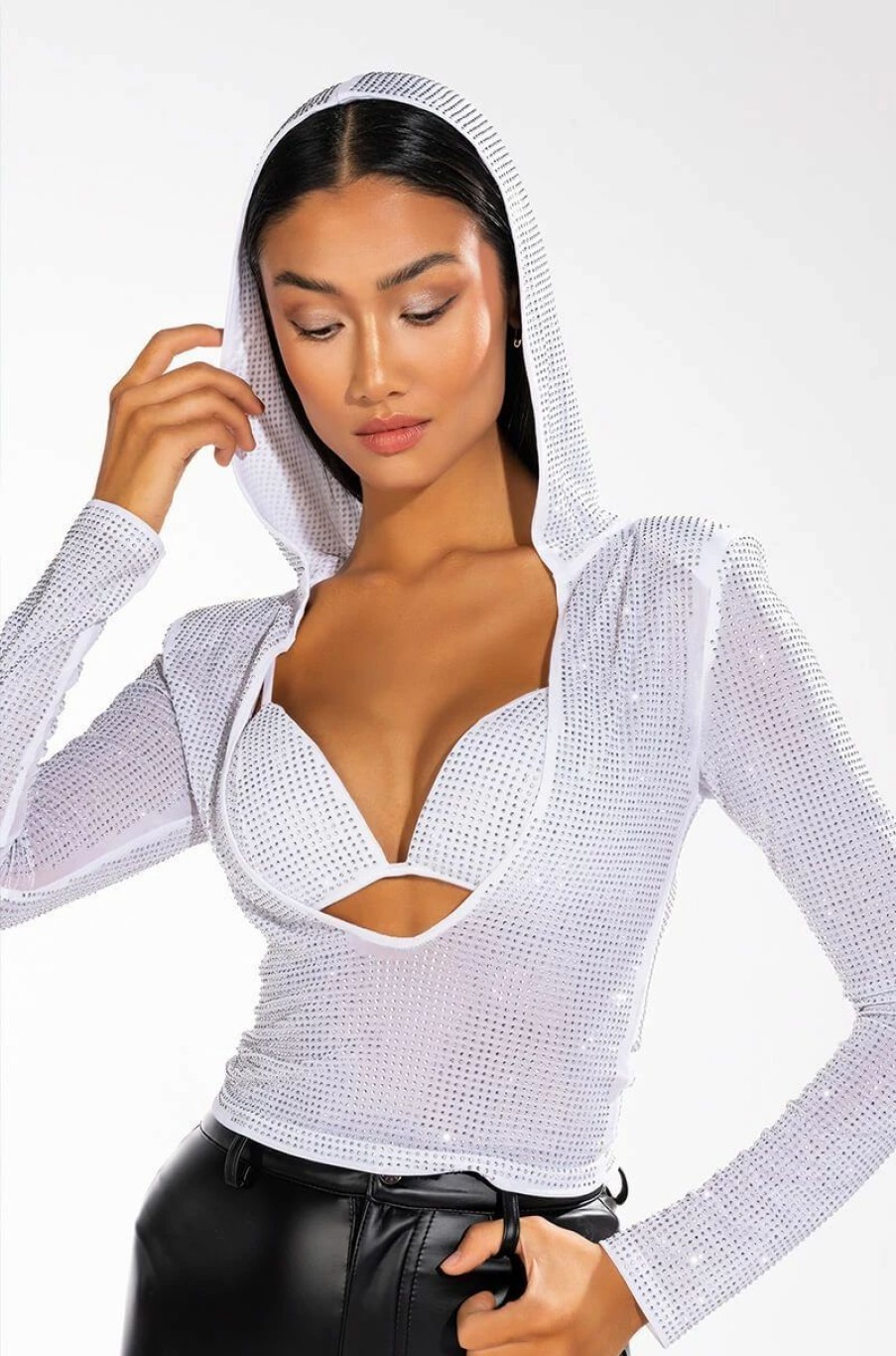 Long Sleeve Tops * | On My Grind Long Sleeve Hooded Rhinestone Two Piece Set White