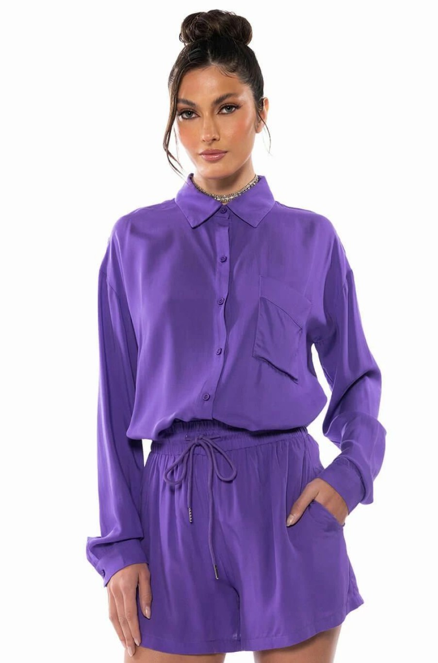 Long Sleeve Tops * | Rain Button Down Purple