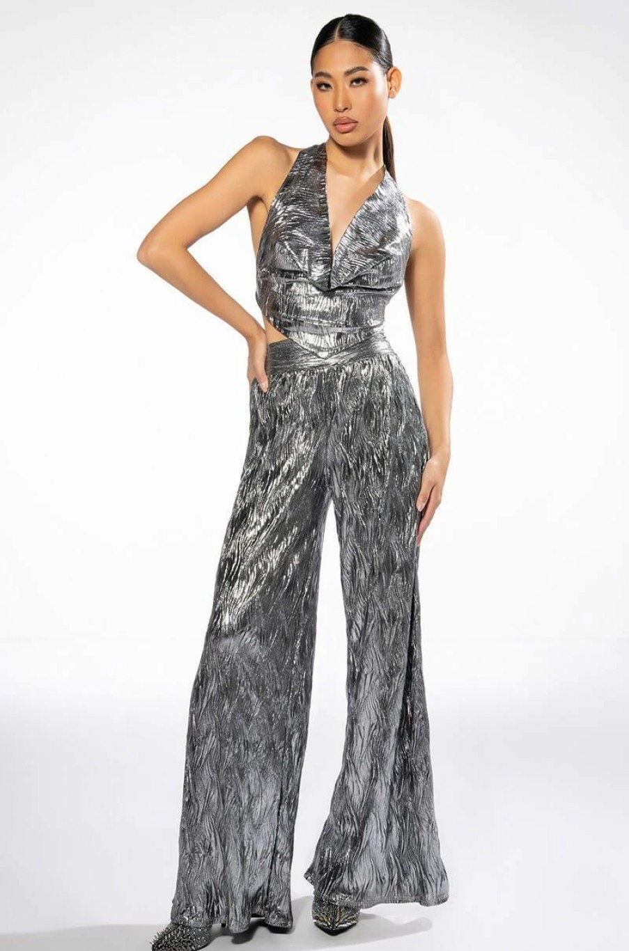 Two Piece Sets * | Above All Metallic Wide Leg Pant Silver