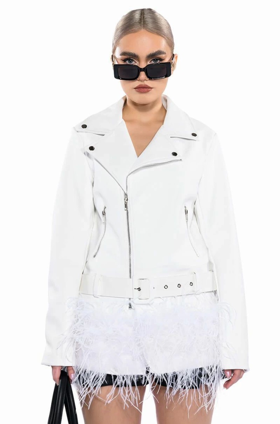 Moto Jackets * | Cozy Corner Oversized Moto With Feather Trim White