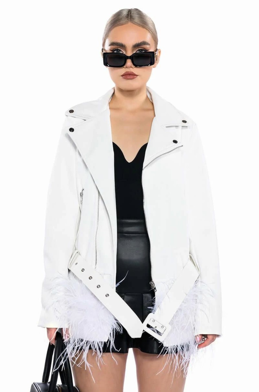 Moto Jackets * | Cozy Corner Oversized Moto With Feather Trim White