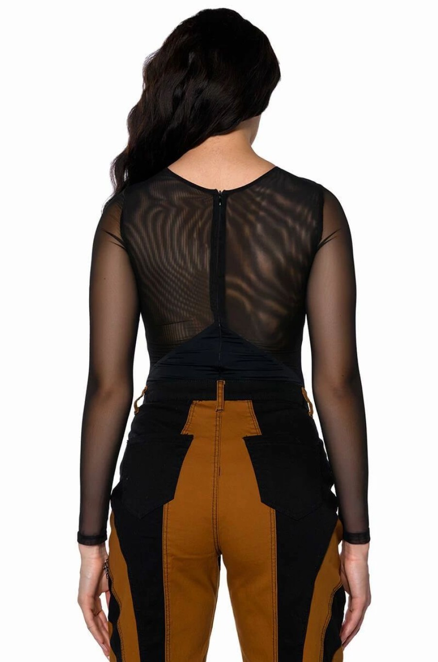 Long Sleeve Tops * | After Dark Faux Leather Panel Long Sleeve Mesh Bodysuit Black