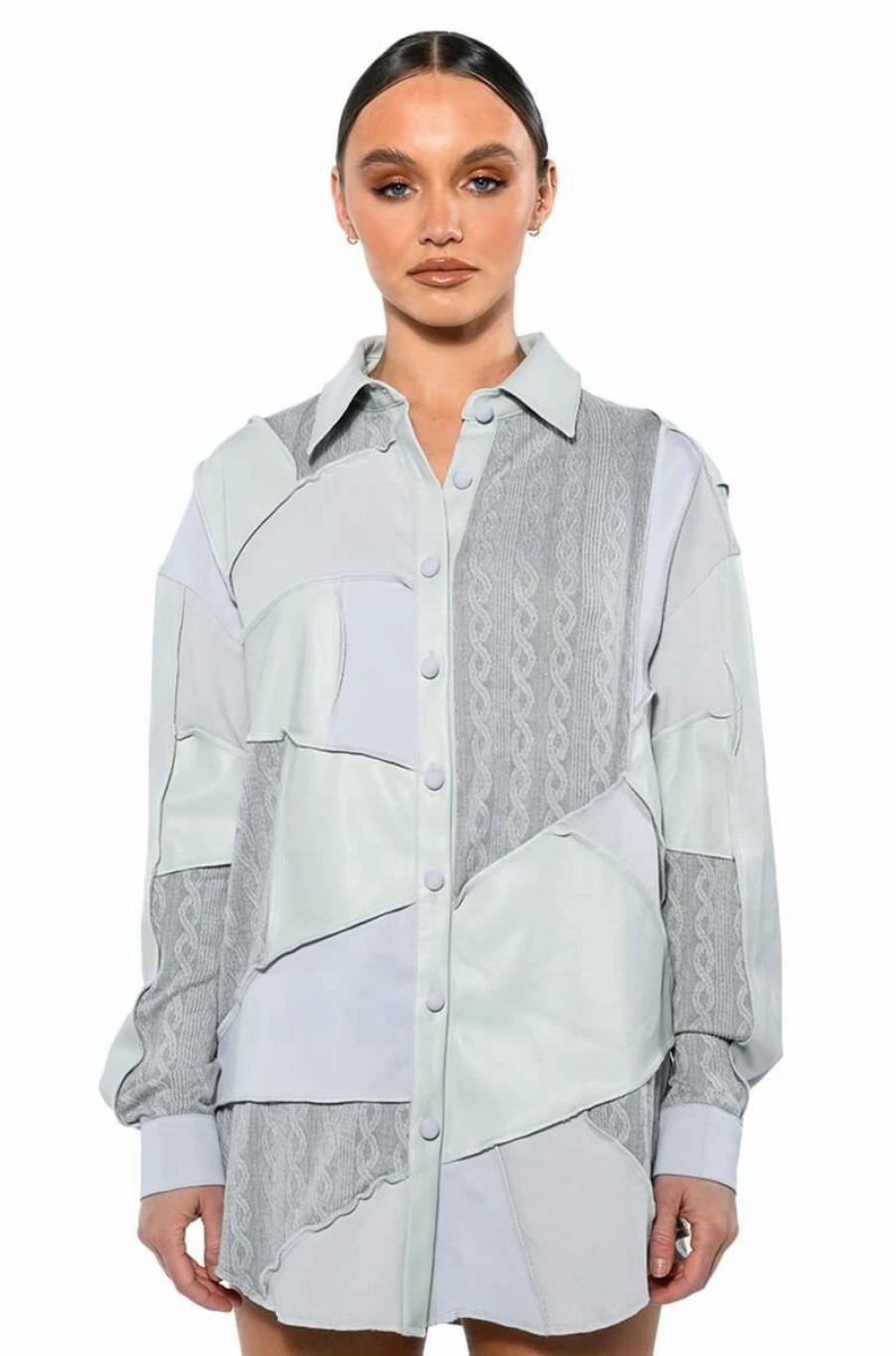 Long Sleeve Tops * | Multi Grey Patchwork Button Down Blouse Grey Multi