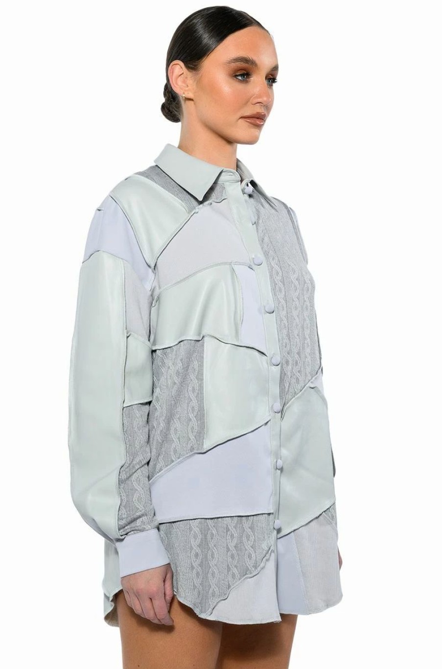 Long Sleeve Tops * | Multi Grey Patchwork Button Down Blouse Grey Multi