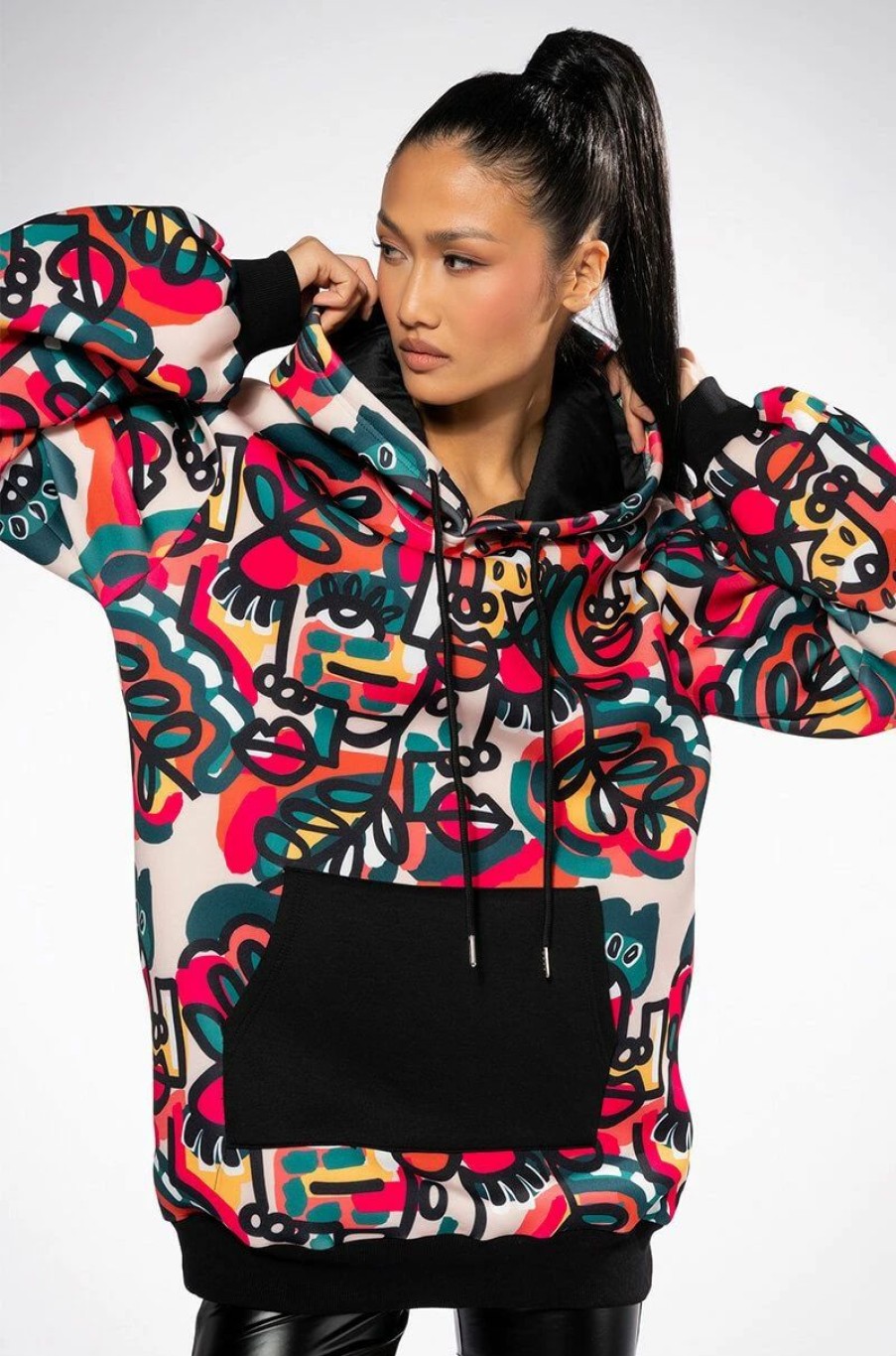 Long Sleeve Tops * | Go Crazy Printed Oversized Hooded Sweatshirt Dress Beige Multi