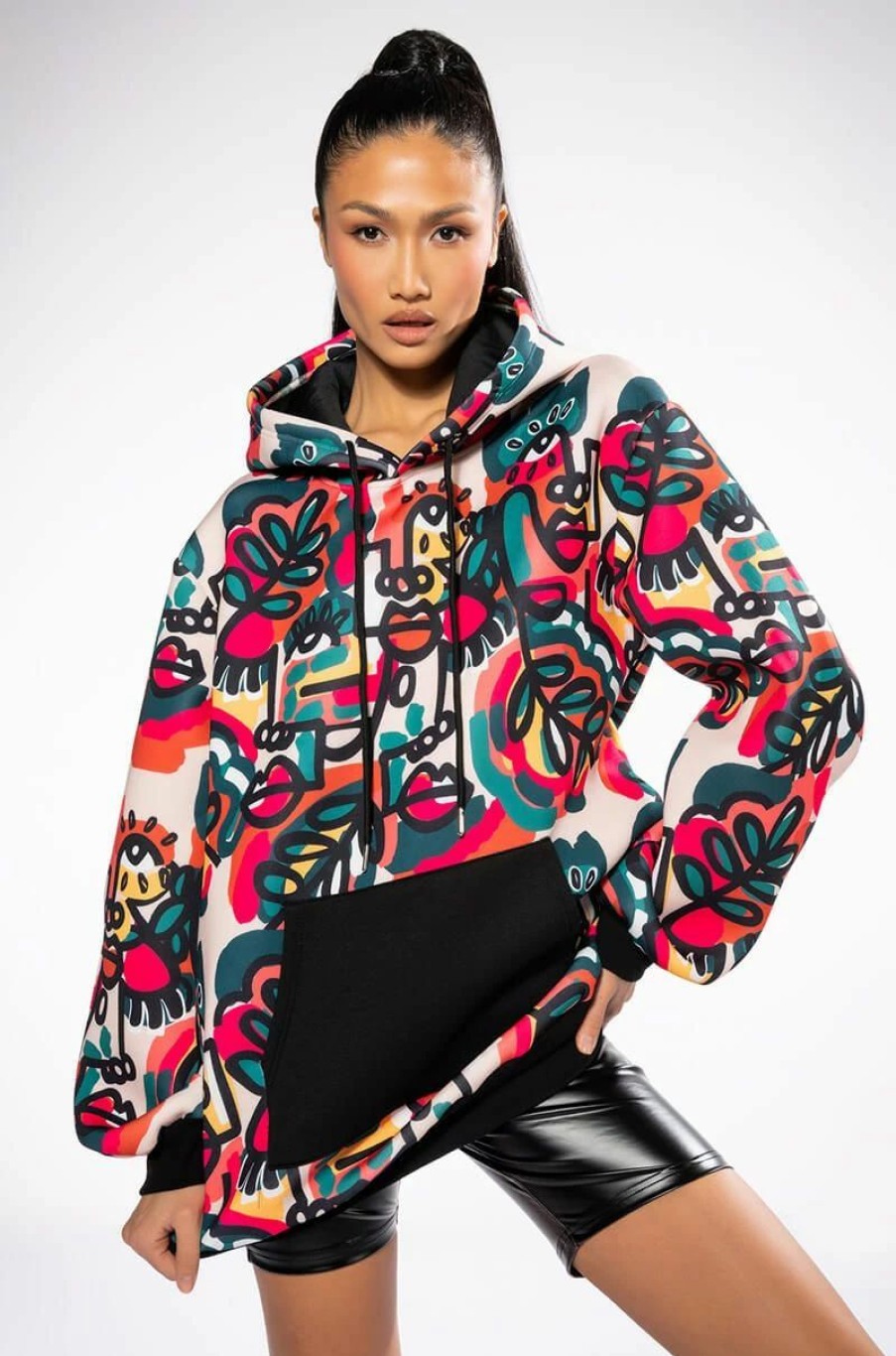 Long Sleeve Tops * | Go Crazy Printed Oversized Hooded Sweatshirt Dress Beige Multi