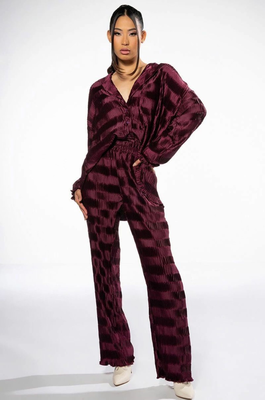 Two Piece Sets * | Crinkle Satin Palazzo Pant Dark Purple