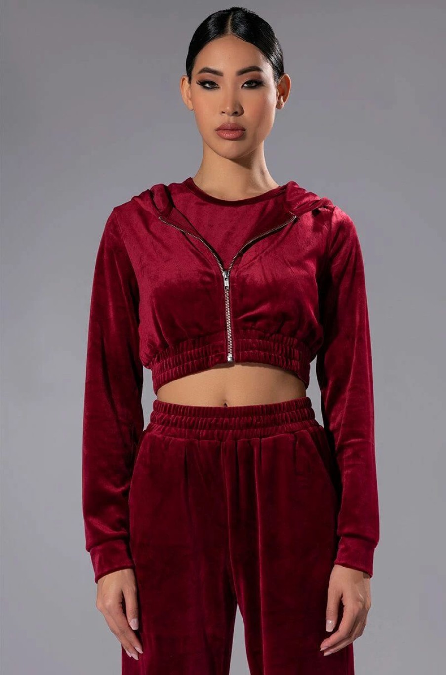 Long Sleeve Tops * | Gretchen Zip Up Cropped Hoodie Dark Red