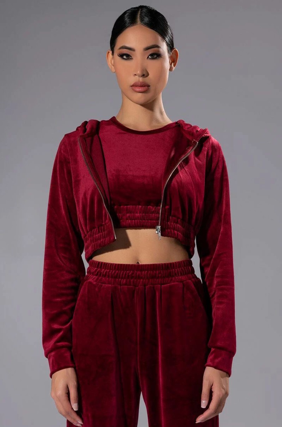 Long Sleeve Tops * | Gretchen Zip Up Cropped Hoodie Dark Red